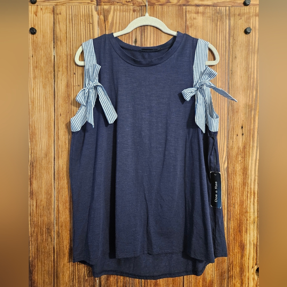 Navy Blue Sleeveless Top with Striped Bow Accents